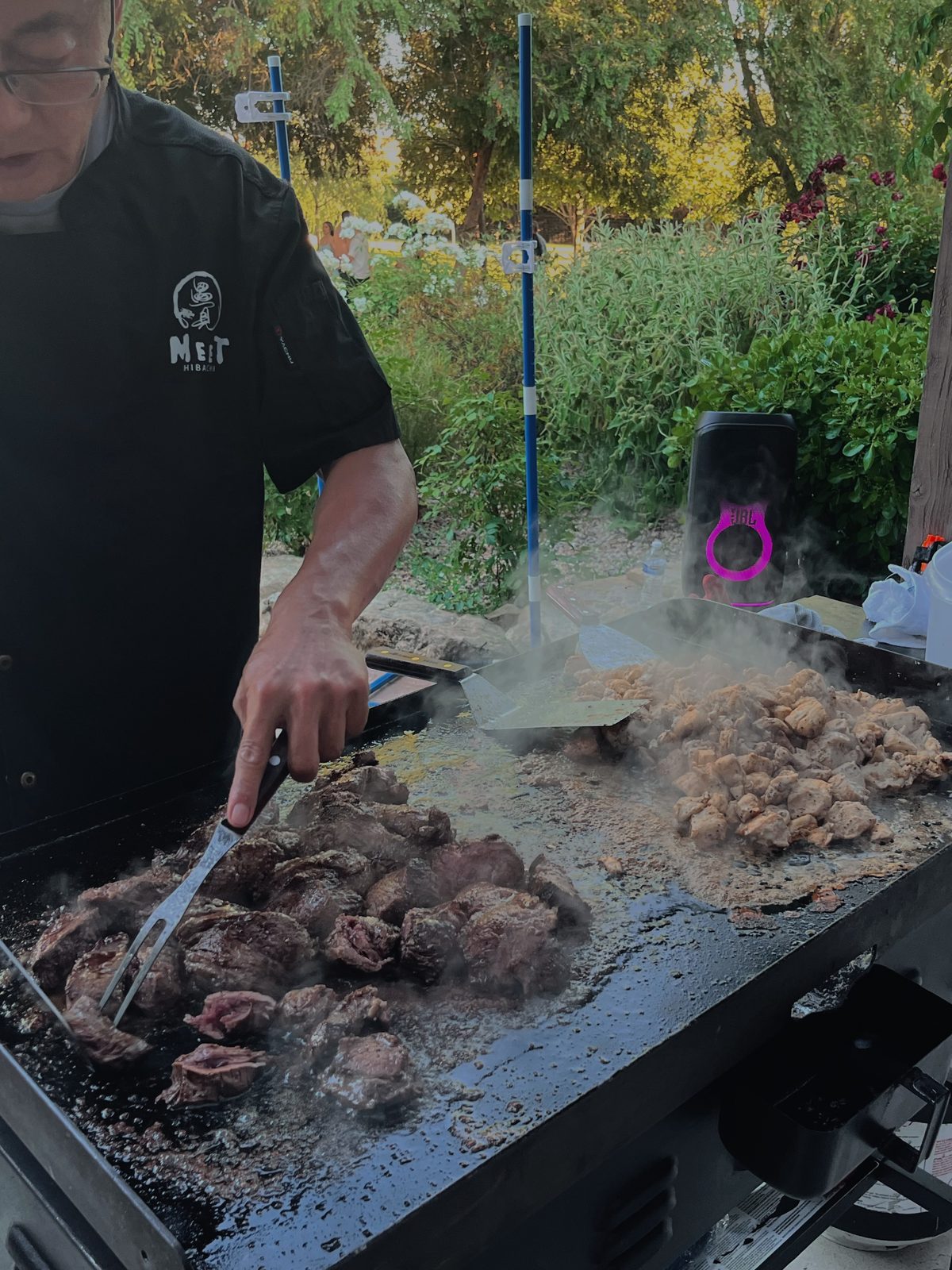 Chef cooking beef and chicken